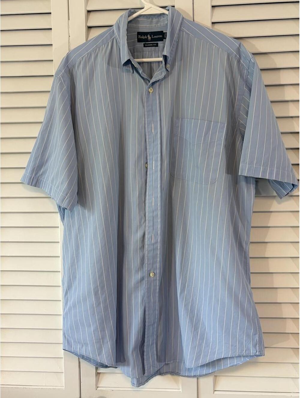 Ralph Lauren blue with white vertical stripes short sleeve button up shirt L